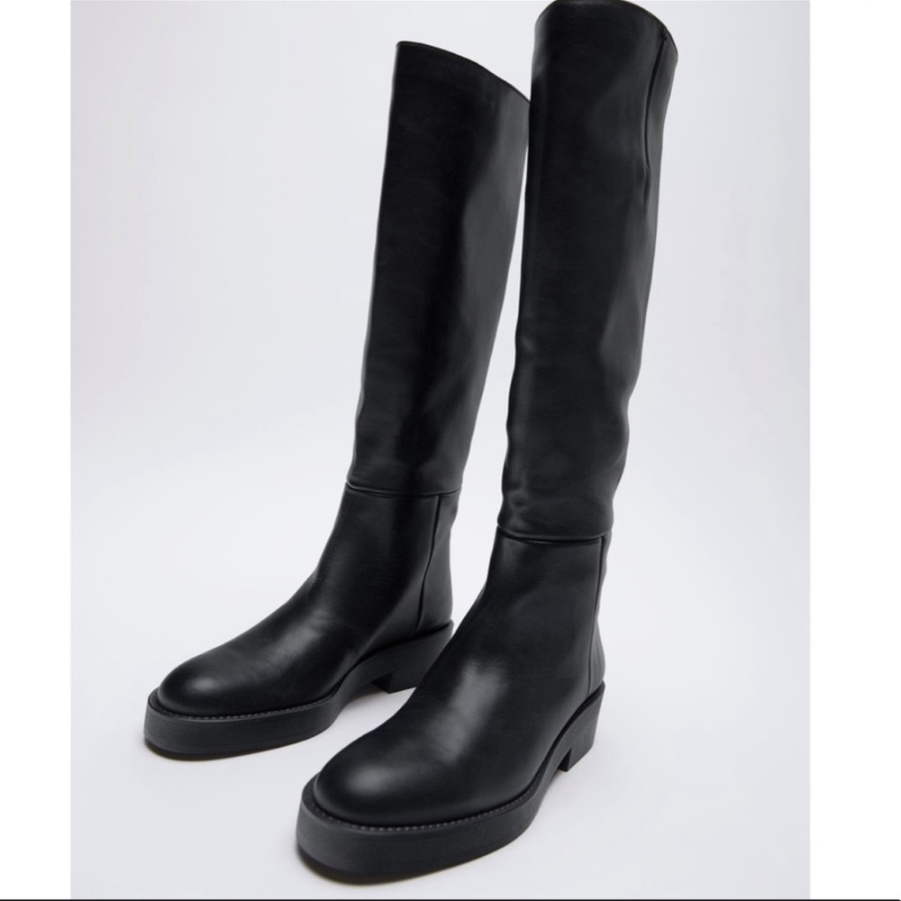 Zara flat knee high leather boots